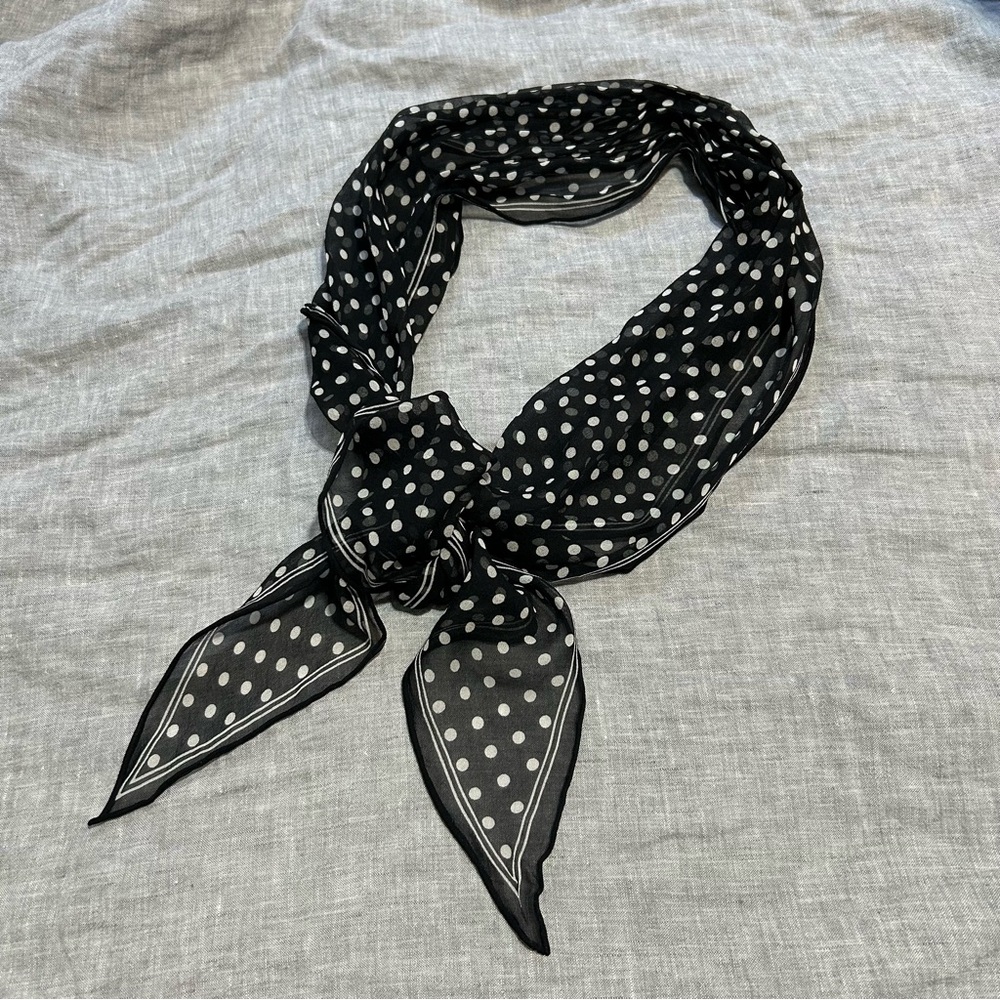 Vintage Ann Taylor Black White Polka Dot Silk Neck Hair Scarf Chic Euro Preppy